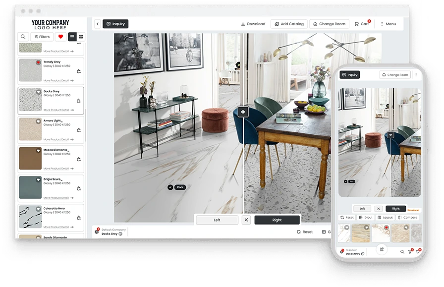 Tilesview visualizer showing a room before and after on desktop and mobile